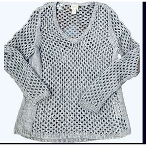 Chicos Sweater Sz O XS Baby Blue Long Sleeve Pullover Stretch Open Knit Mesh Y2K